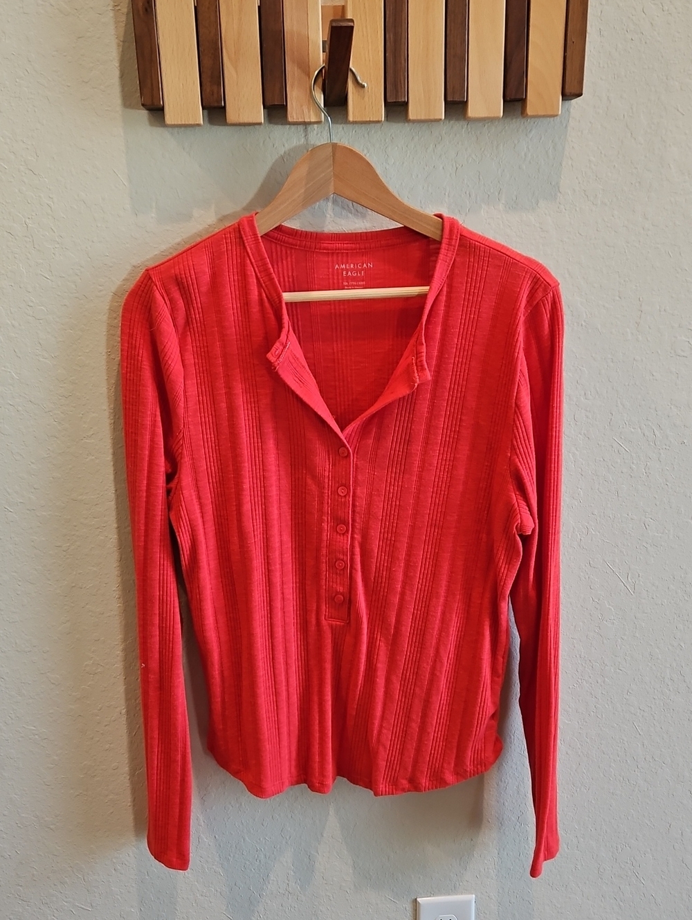 American Eagle Outfitters Coral-Red Ribbed Henley Long Sleeve Top